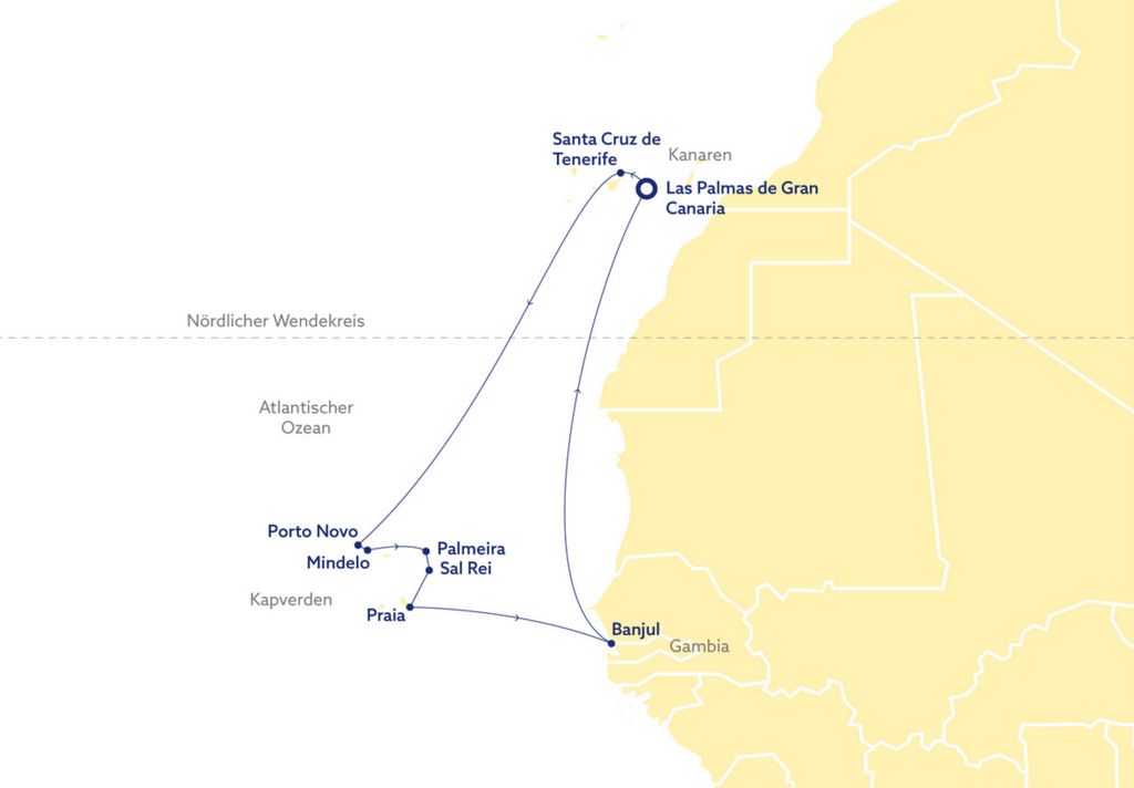 Die geplante Route der Kapverden-Kreuzfahrt mit der VASCO DA GAMA