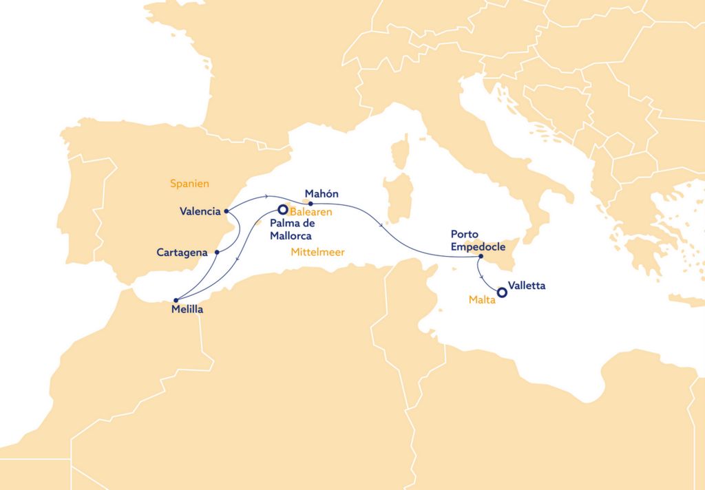 Die geplante Route der Mittelmeer-Kreuzfahrt mit der VASCO DA GAMA