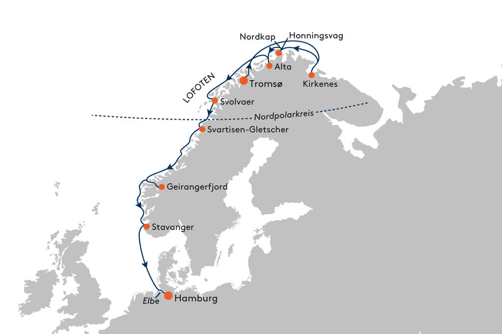 Die geplante Route der HANSEATIC nature an der Küste von Norwegen entlang