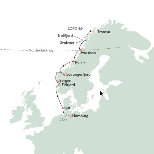 Die geplante Route mit der HANSEATIC inspiration entlang der Küste von Norwegen