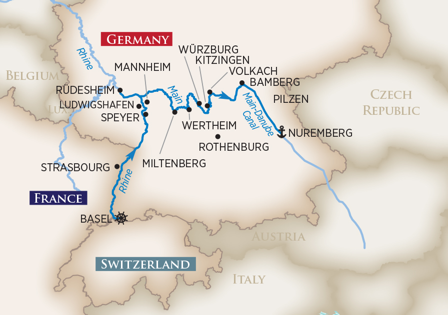 Die Route der AmaCerto von Basel nach Nürnberg